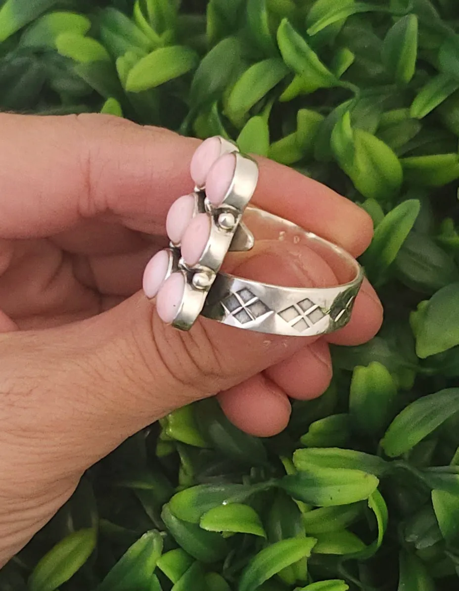 Stamped Sterling Silver Pink Conch Shell 6 Stone Adjustable Ring