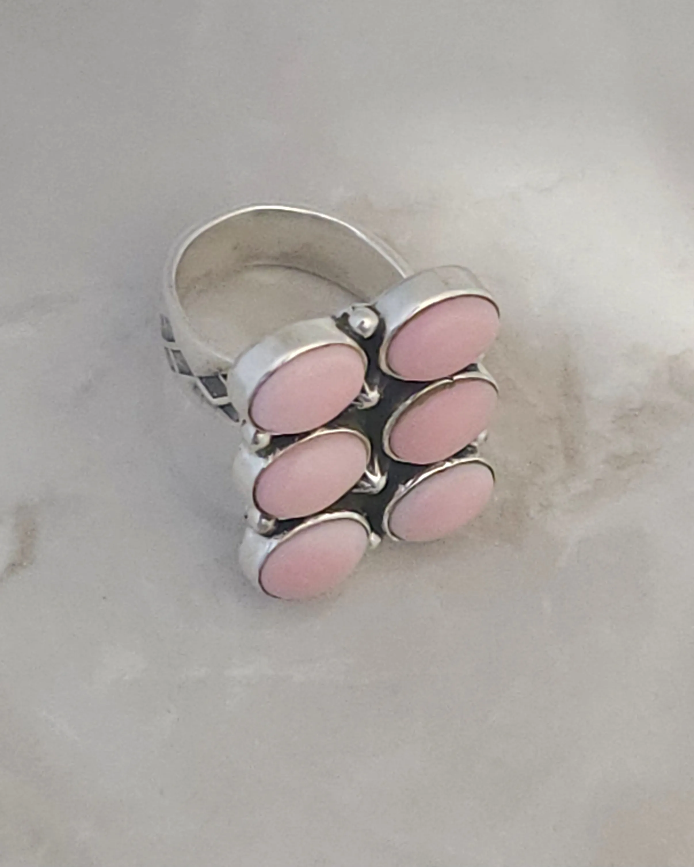 Stamped Sterling Silver Pink Conch Shell 6 Stone Adjustable Ring