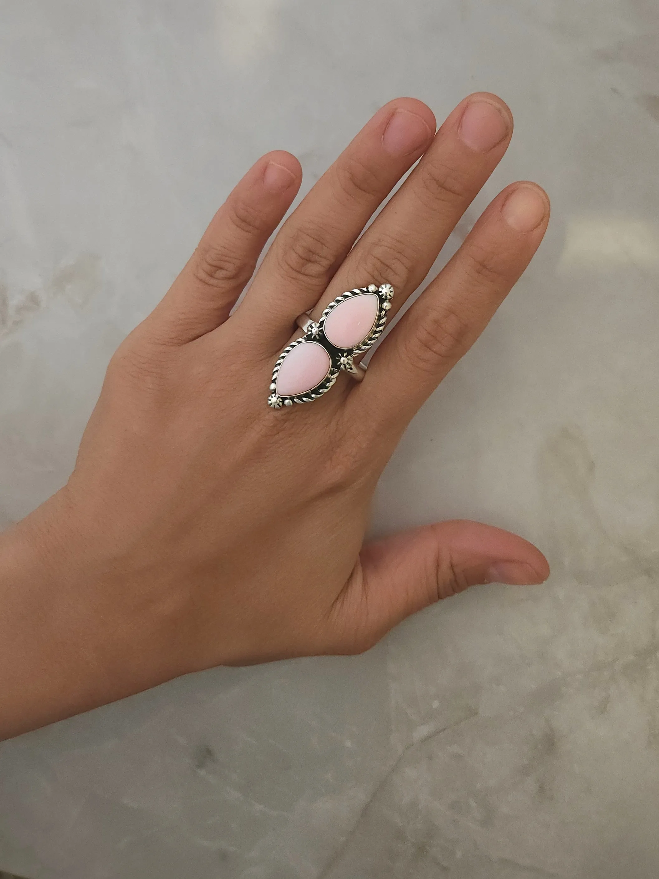 Stamped Sterling Silver Pink Conch Shell Adjustable Ring