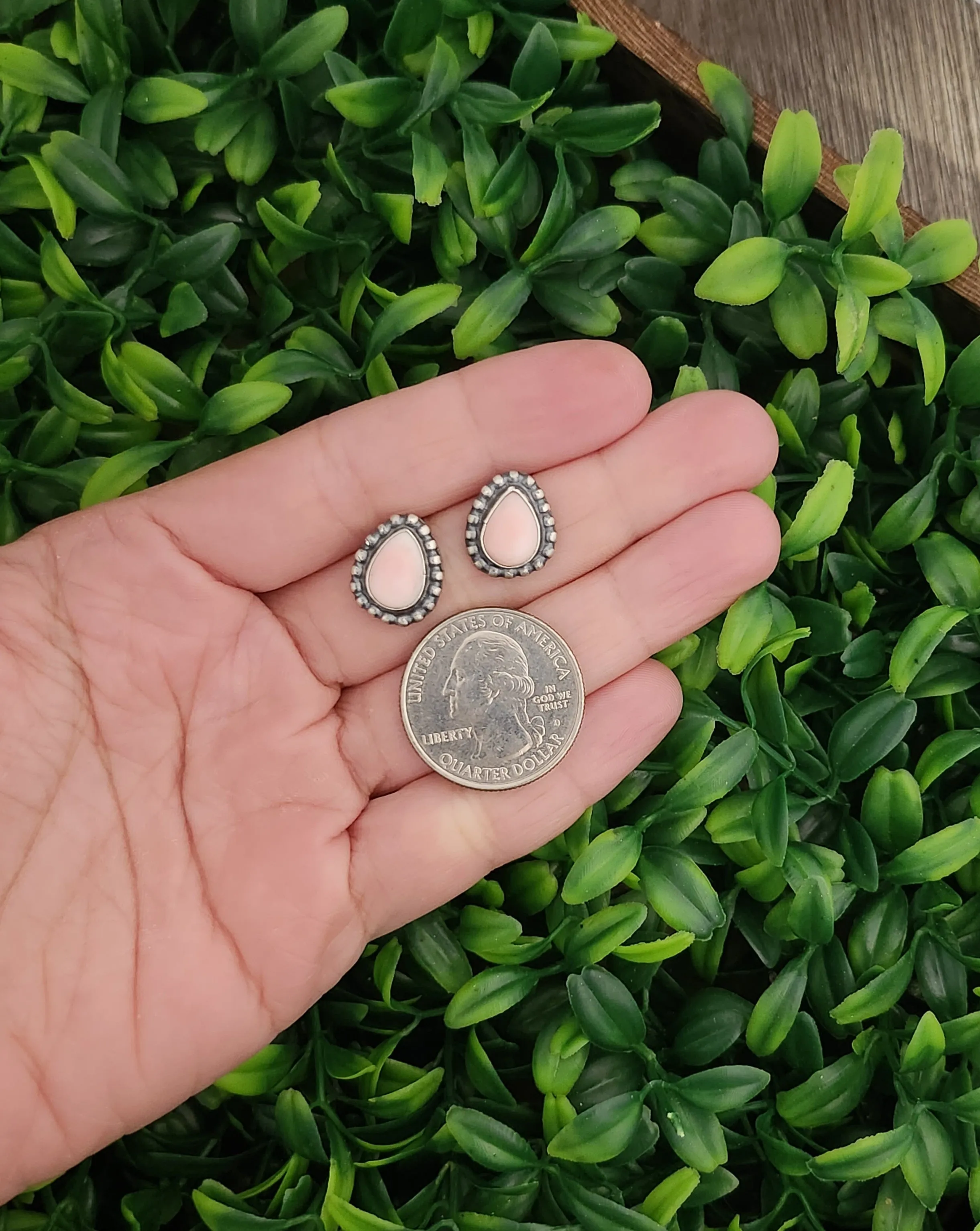 Stamped Sterling Silver Pink Conch Shell Ball Trim Tear Drop Stud Earrings