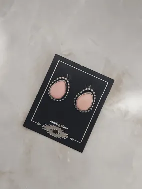 Stamped Sterling Silver Pink Conch Shell Ball Trim Tear Drop Studs