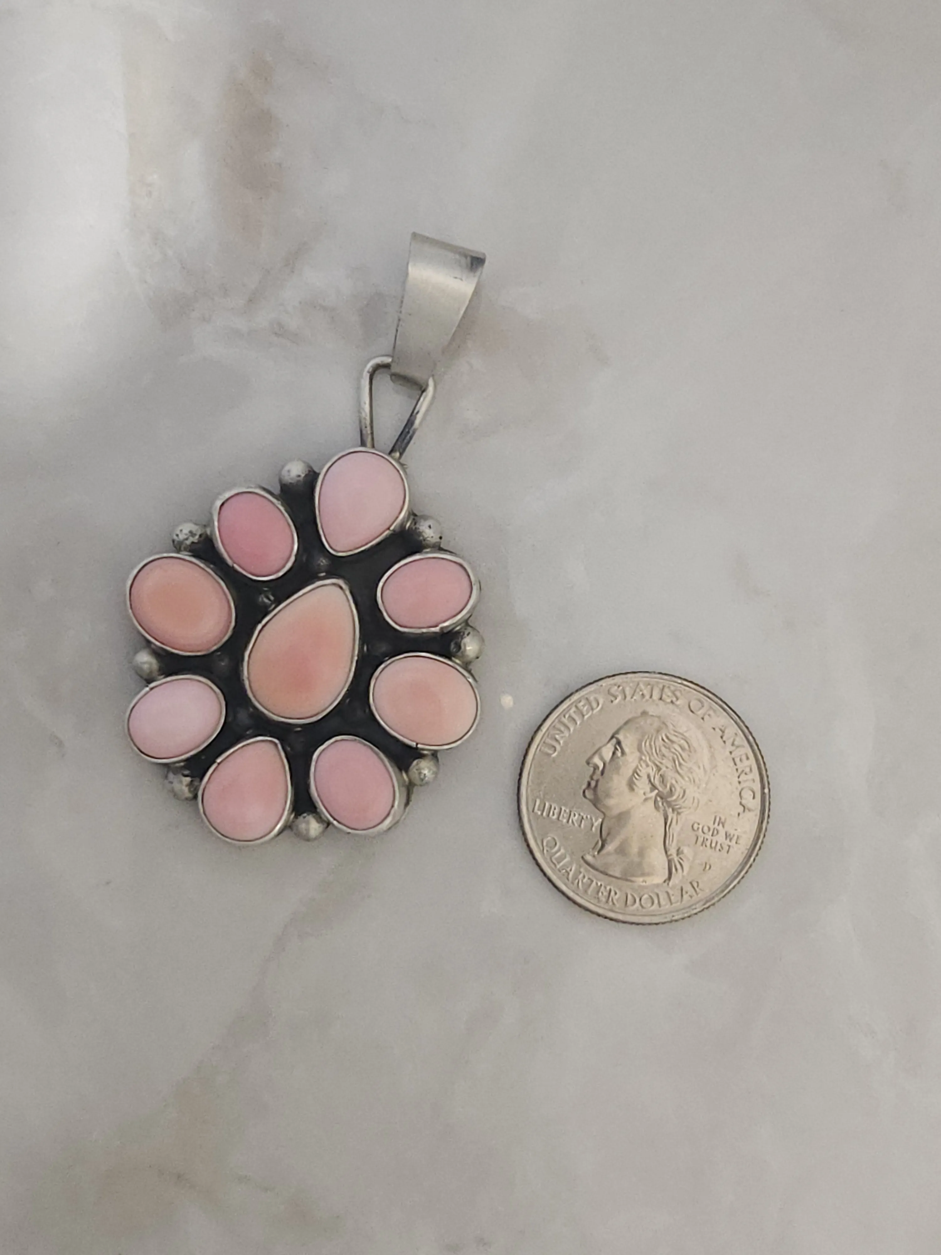 Stamped Sterling Silver Pink Conch Shell Cluster Pendant