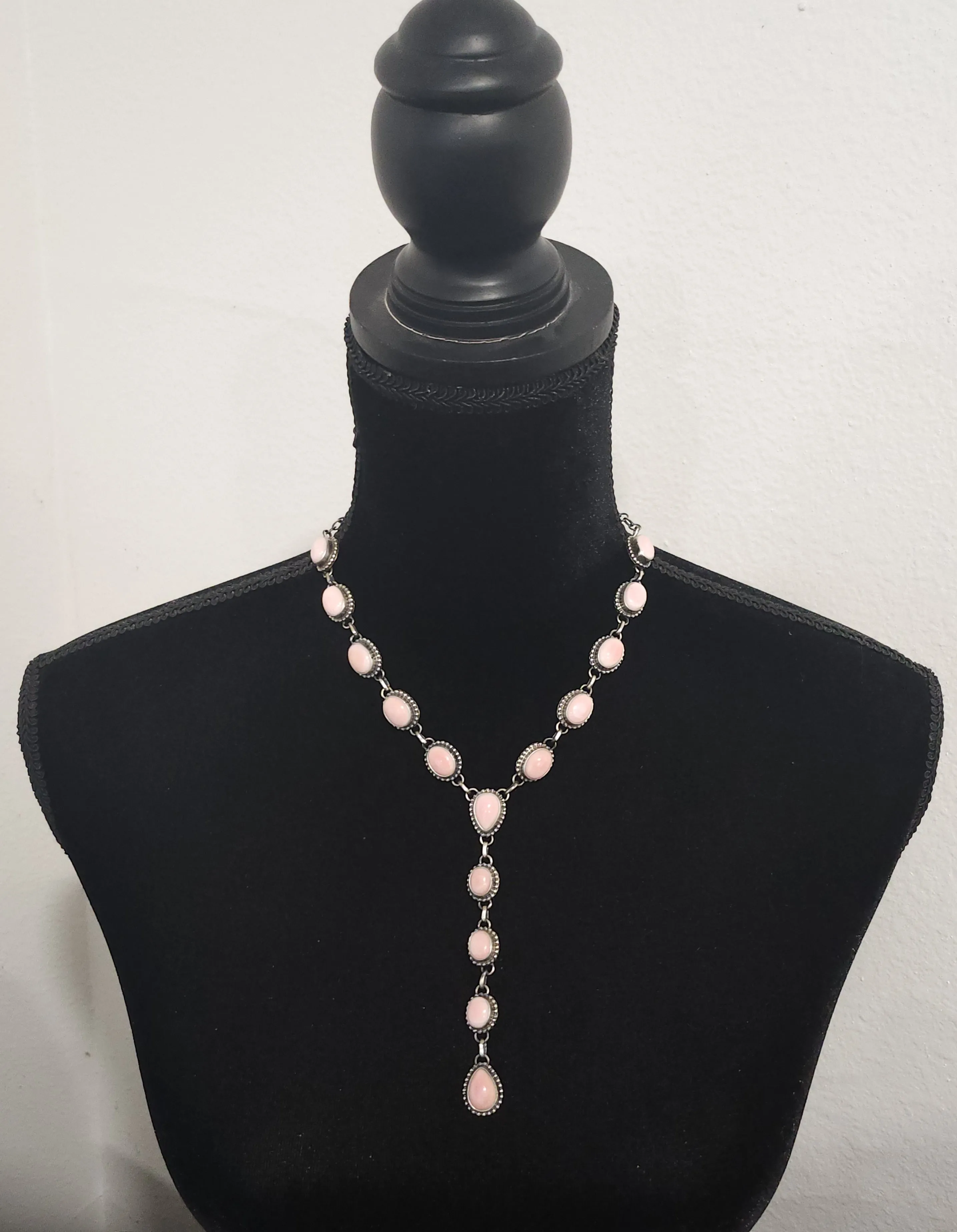 Stamped Sterling Silver Pink Conch Shell Lariat Drop Necklace & Earring Set