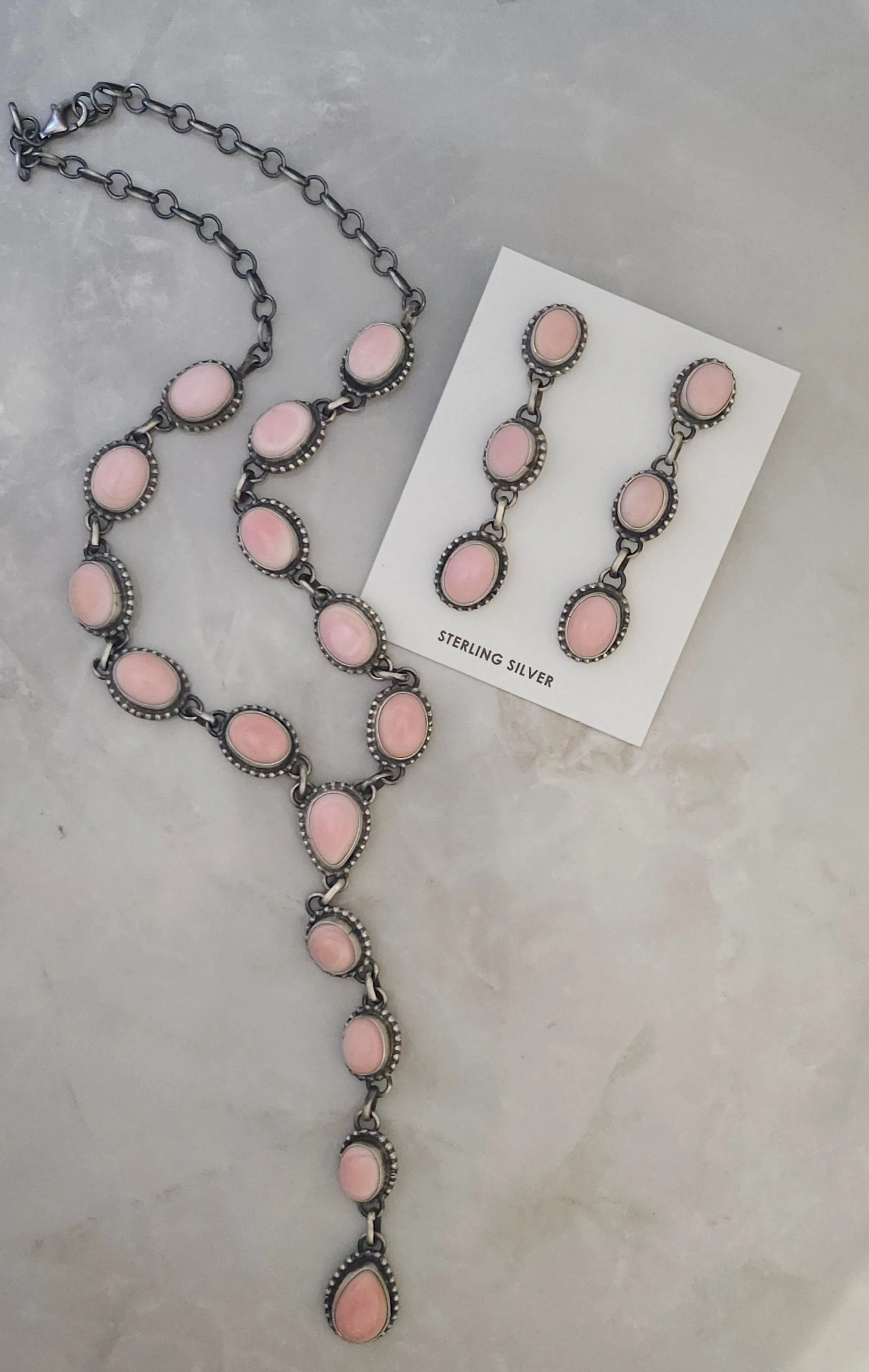 Stamped Sterling Silver Pink Conch Shell Lariat Drop Necklace & Earring Set