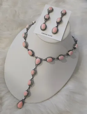 Stamped Sterling Silver Pink Conch Shell Lariat Drop Necklace & Earring Set