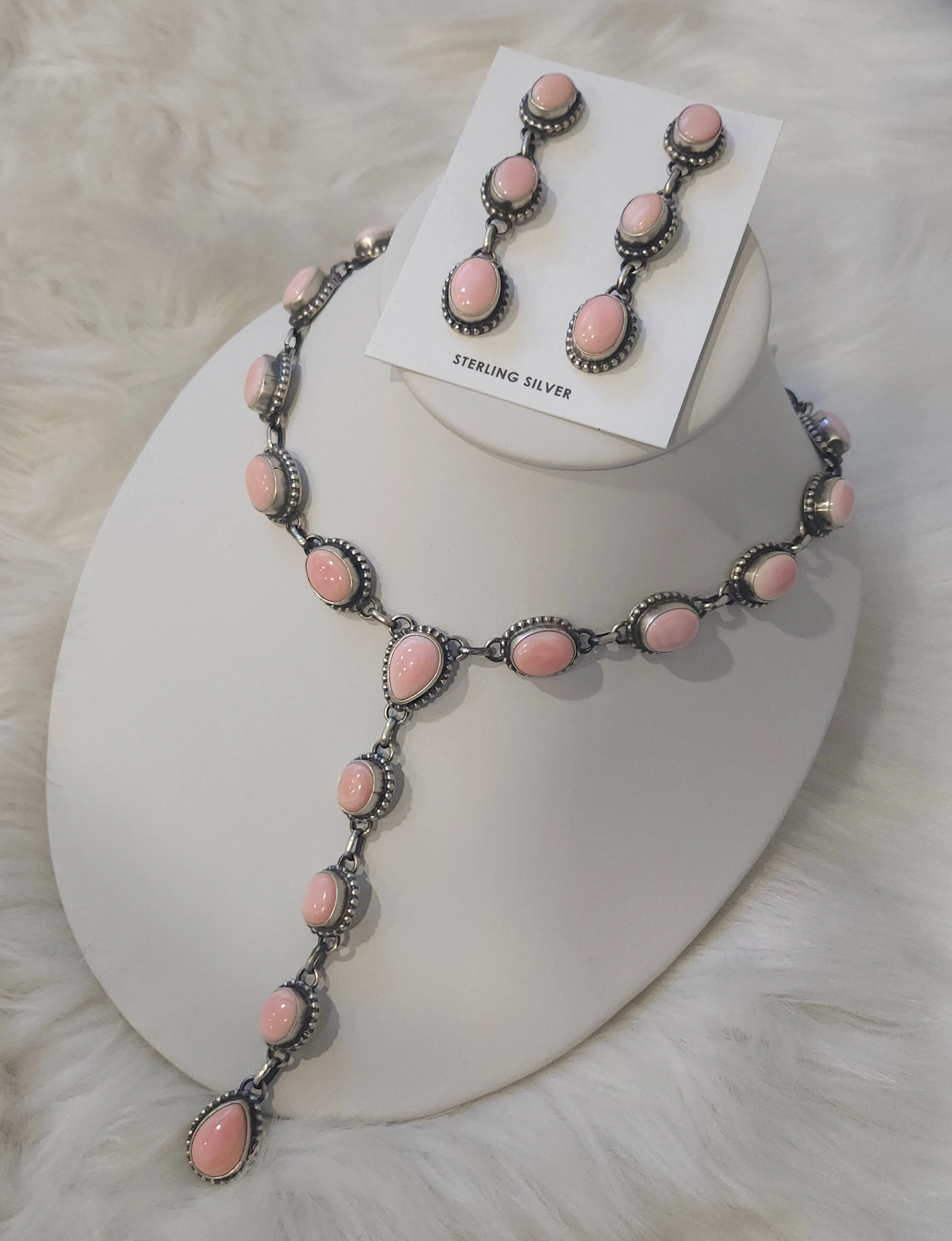 Stamped Sterling Silver Pink Conch Shell Lariat Drop Necklace & Earring Set