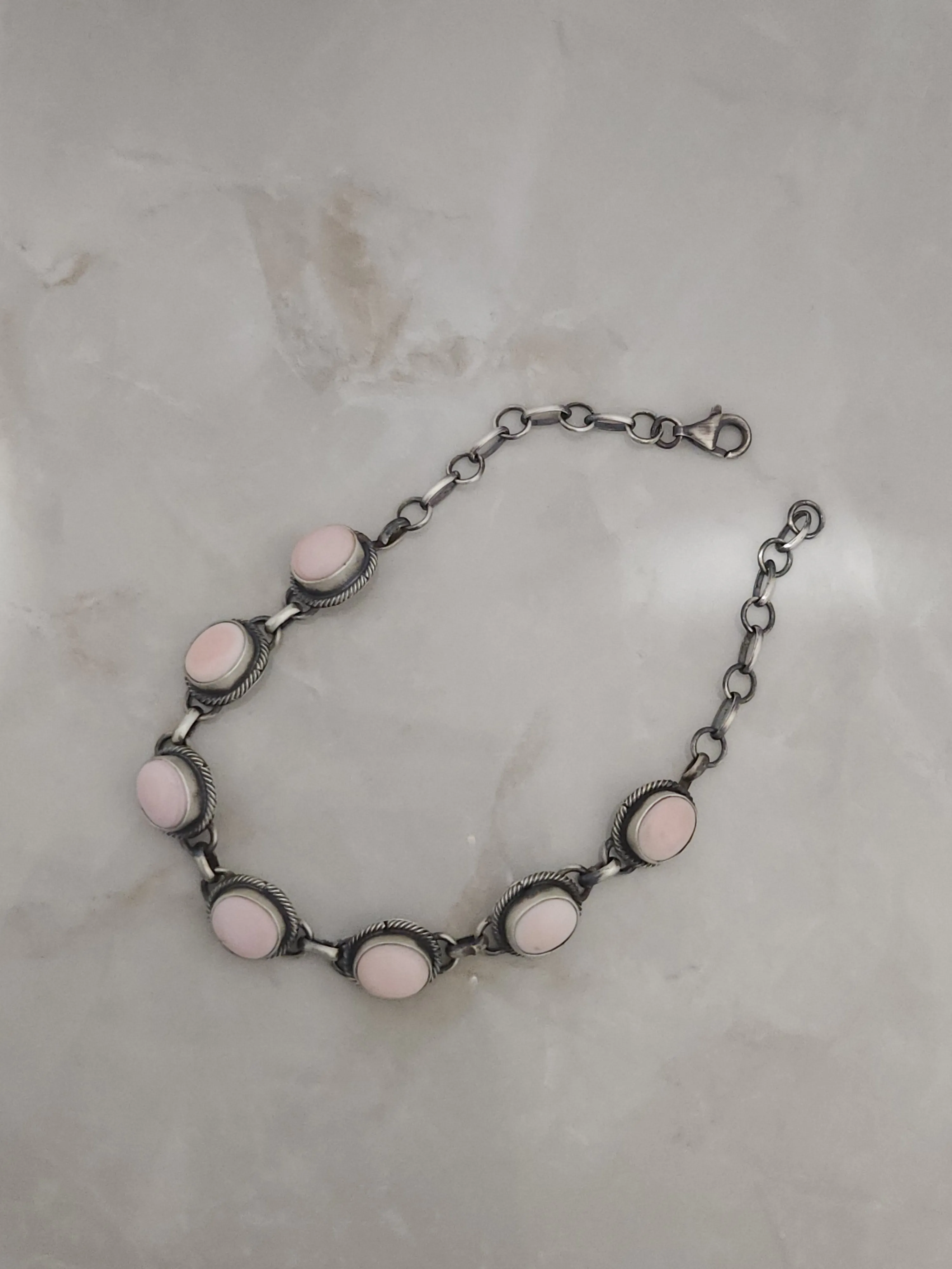 Stamped Sterling Silver Pink Conch Shell Link Bracelet