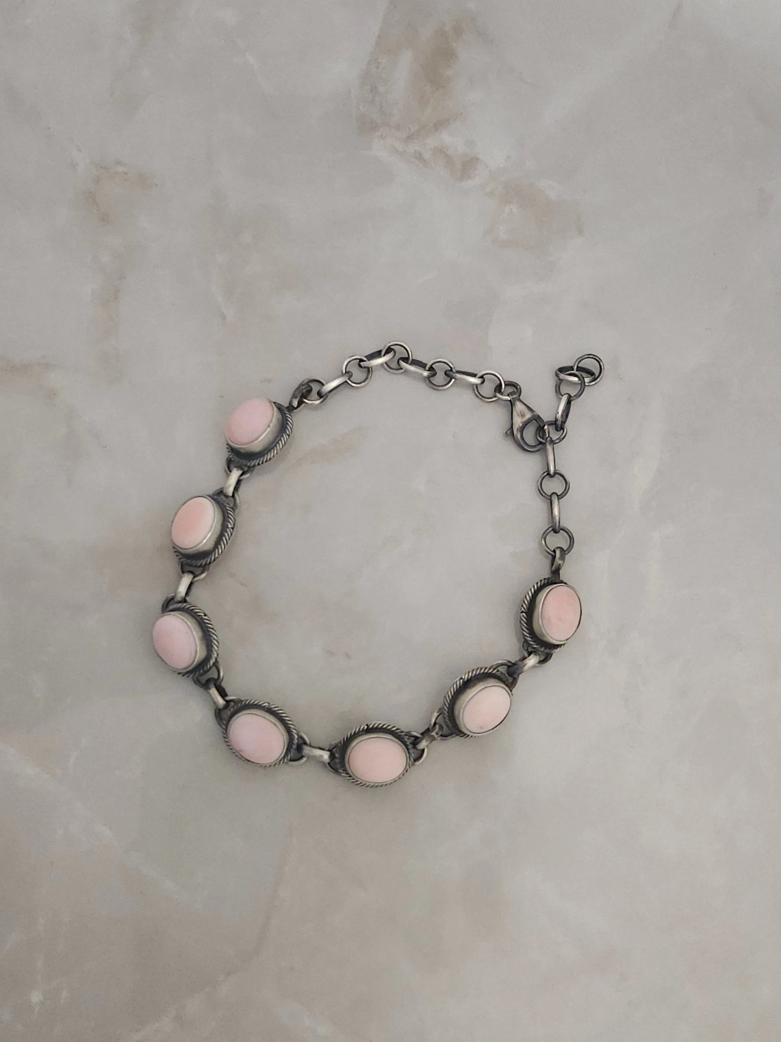 Stamped Sterling Silver Pink Conch Shell Link Bracelet