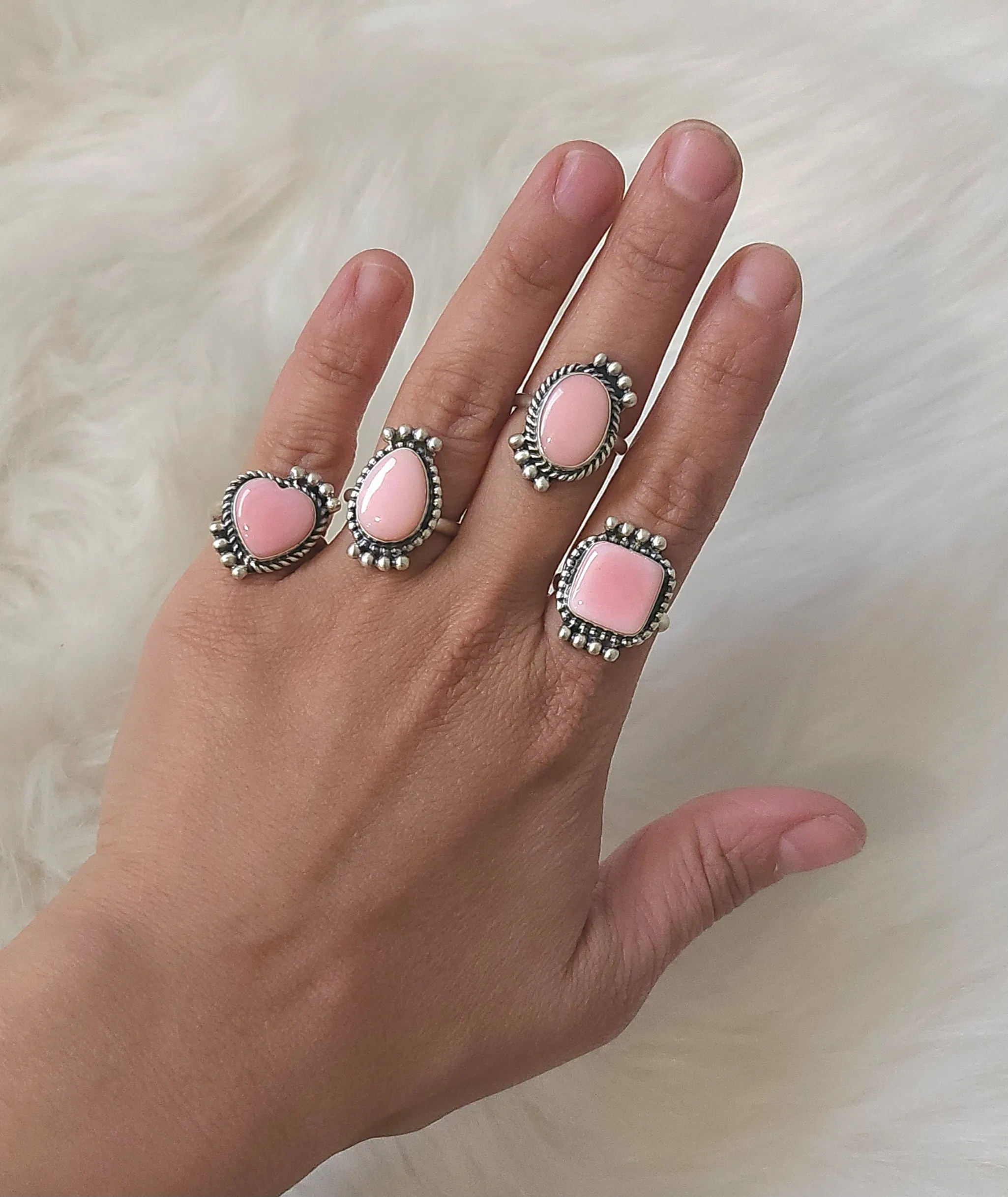 Stamped Sterling Silver Pink Conch Shell Rings