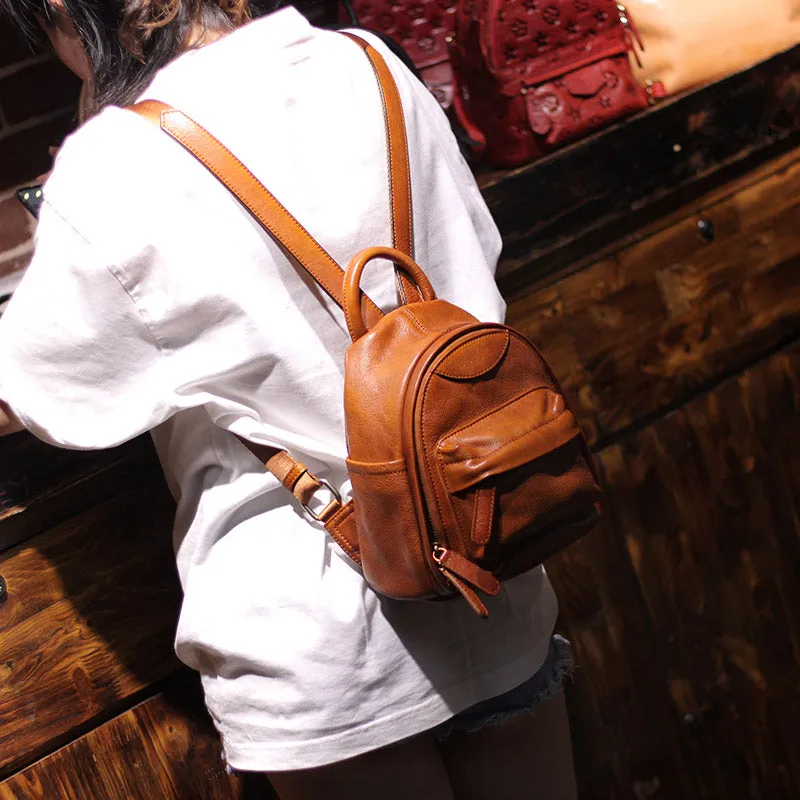 Vintage Ladies Mini Brown Leather Backpack Purse Small Leather Backpacks for Women