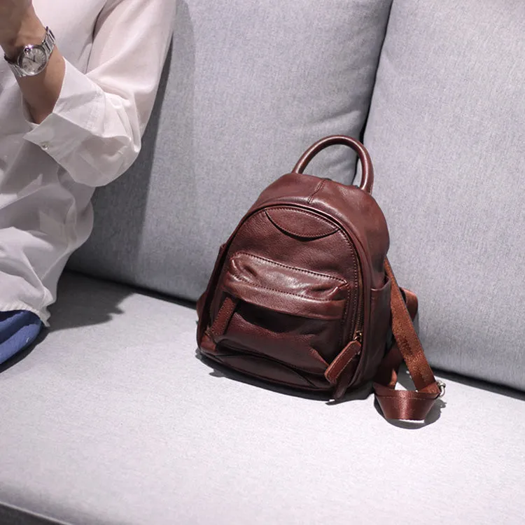 Vintage Ladies Mini Brown Leather Backpack Purse Small Leather Backpacks for Women