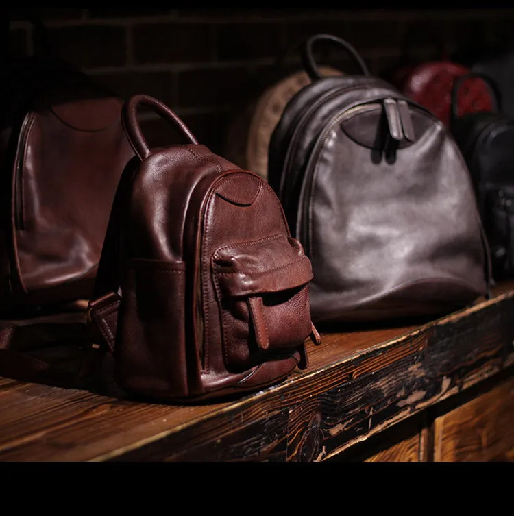 Vintage Ladies Mini Brown Leather Backpack Purse Small Leather Backpacks for Women