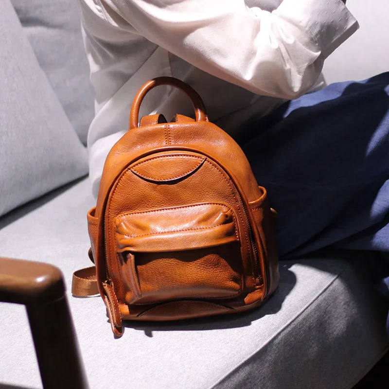 Vintage Ladies Mini Brown Leather Backpack Purse Small Leather Backpacks for Women
